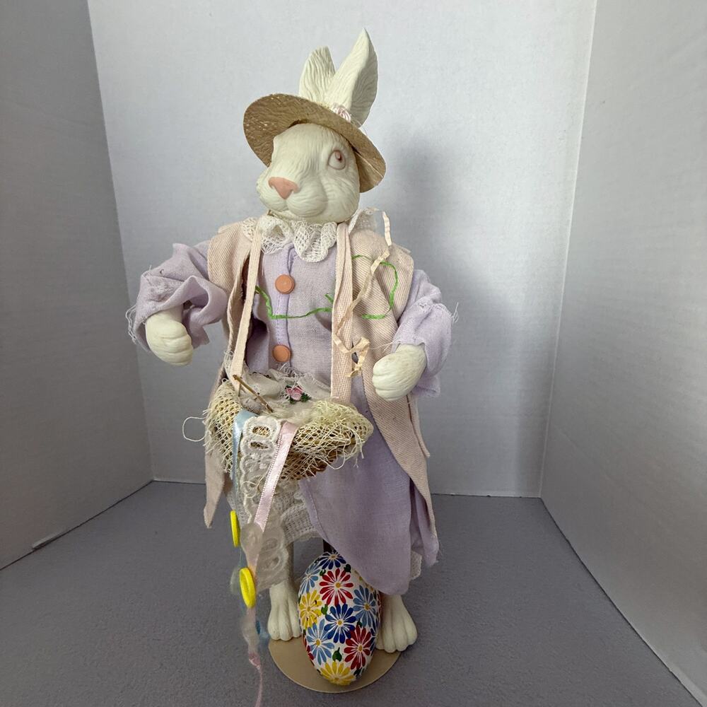 Dept 56 Easter Rabbit Bunny Figurine Straw Hat Cloth Outfit Painted Egg Taiwan